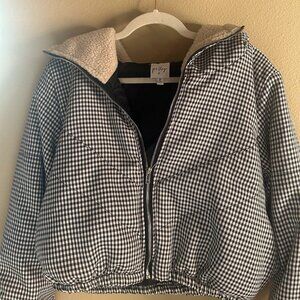 Princess Polly Puffy Bomber Hooded Jacket Coat Gingham Black and White M/L